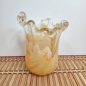 Murano Style Fluted Edge Cream Colored Hand Blown Glass Vase 5"